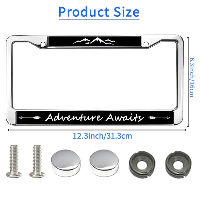 Image of Adventure Awaits Mountain License Plate Frame, Black Metal Auto Tag Cover | Express your love for outdoor adventure with this durable metal mountain license frame, weather-resistant to last.