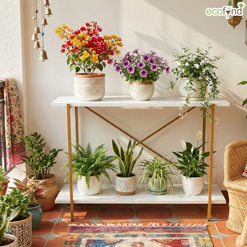 Image of ecofynd Elix Plant Stands for Balcony, Flower Pot Stand for Indoor Plants, 2 Tier Long Metal Planter Stand for Living Room, home decor, Indoor & Outdoor plants (47 inchX9 inchX28 inch, White and Gold)