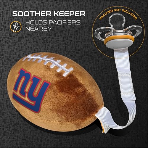 Image of New York Giants Plush Football Pacifier Holder by Smilo - Officially Licensed NFL Soother Holder - Soft Plush Toy and Dummy Holder - Fits Any Pacifier - Stroller Accessory & Newborn Essential