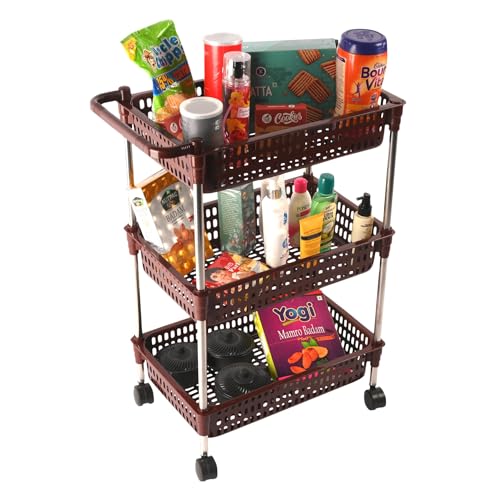 Image of Kuber Industries Storage Rack with Wheels | 3-Layer Storage Organizer Rack | Multipurpose Storage Trolley Rack for Kitchen-Home-office | Revolving Vegetable Storage Trolley | Brown