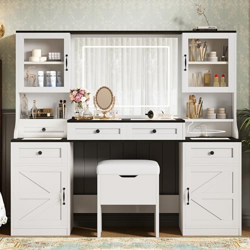 Image of JIVOIT Farmhouse Vanity Desk with Mirror, 61.5 inch Makeup Vanity Table Set with Glass Visual Desktop and Cushion Stool, Dressing Table with 5 Drawers and 4 Cabinets for Room