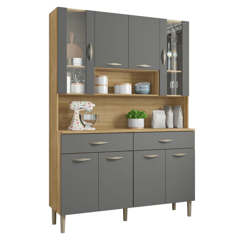 ACTUAL DIFFUSION Buffet de Cuisine 8 Portes 2 Tiroirs Chêne et Gris L 121.4 H 173.5 P 36.3 cm
