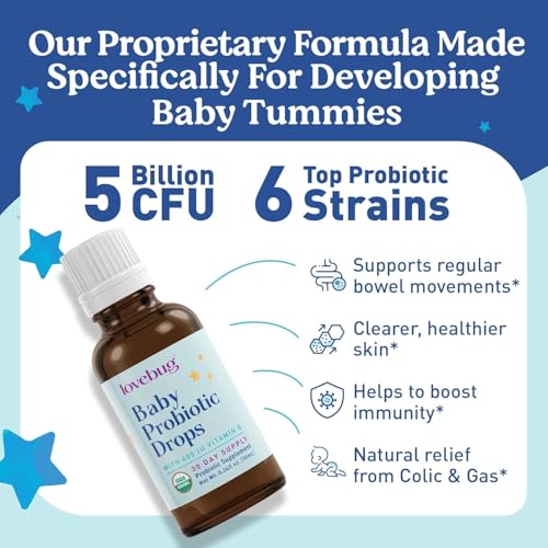 LOVEBUG Baby Probiotic Drops - Organic Probiotics for Immune Support and Baby Constipation & Colic Relief - Tasteless & Sugar-Free Liquid Drops for Newborns, Babies & Infants (0-12 Months) - 10ml