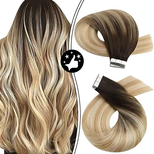 Moresoo Tape in Hair Extensions Human Hair Extensions Balayage Darkest Brown to Blonde Highlighted Remy Straight Brazilian Tape on Hair 22 Inch Adhesive Tape ins Thick End 50g