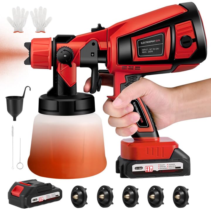 Pistolet à Peinture sans Fil, 21V 18000tr/min avec 2x3000mAh Batteries Pistolet Peinture, 5 Buses et 3 Modes de Pulvérisation, Réservoir de 1000ML pour...