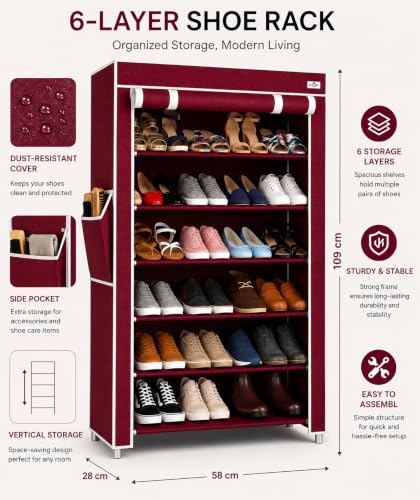 Image of 6 Layer Shoe Rack Plastic with Maroon Cover | Multipurpose Plastic Shoe Rack for Home | Space Saving Foldable Shoe Stand | Storage Rack for Home, Bedroom & Entryway.