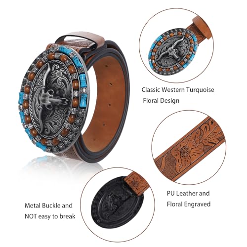 Women Men Western Leather Belts LongHorn Bull Buckle Vintage Belt Cowboy Cowgirl Country Turquoise Waist Belts4