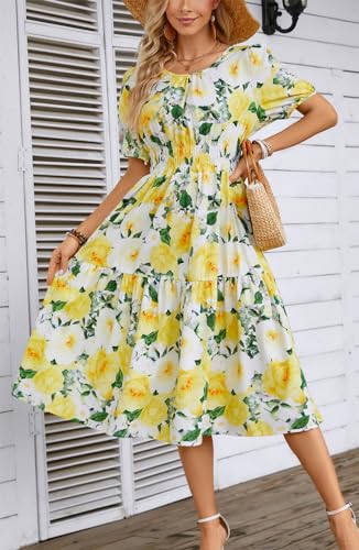 Image of Kormei Women Summer Casual Boho Floral Round Neck Short Sleeve Smocked Waist Tiered Flowy Swing Midi Dress