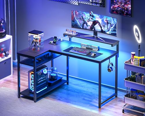 MOTPK L Shaped Gaming Desk with Power Outlet, Reversible Gaming Desk with Height Adjustable Monitor Stand, Gaming Computer Desk 43inch with LED Lights, Home Office Desk, Black - Image 3