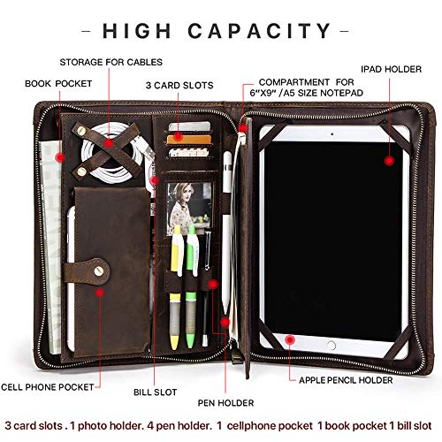 Business Portfolio Leather, Hiram Vintage Leather padfolio case Pouch for iPad Pro 10.5 Air 3 11 10.2" Tablet Protector for iPad 9.7 Air 2 Zippered Journal Holder(Coffee)3