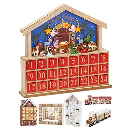 Brubaker - Calendrier de l'Avent - Crèche de Noël en Bois - 34,5 x 32 x 6 cm - Bleu/Rouge