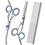 Wikdey Dog Scissors for Grooming with Safety Round Tip,Dog Grooming Kit,Dog Shears Set,Incude Thinning,Curved Grooming Scissors and Comb for Pets.Suitable for The Right Hand