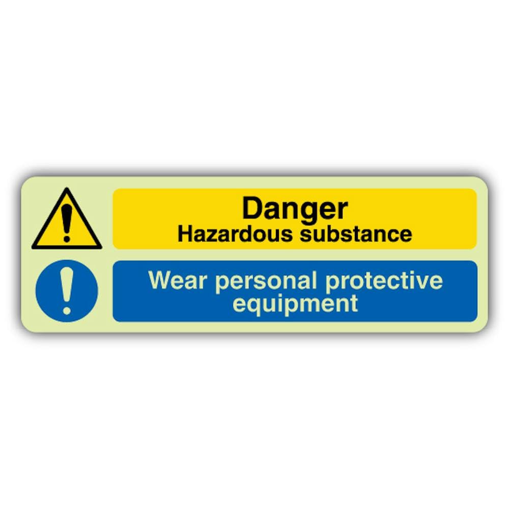 V Safety - Señal de seguridad que brilla en la oscuridad, peligro, peligro, equipo de protección personal, 750 x 250 mm, hecho de vinilo autoadhesivo de triple brillo, señalización de advertencia de