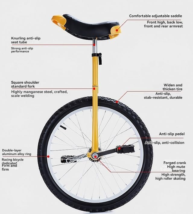 20 Zoll Einrad Balance Heimtrainer Zirkusfahrrad Verstellbarer Sitz 150kg Tragkraft (Gelb)