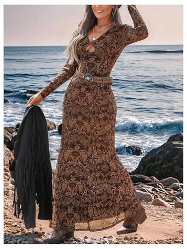 WDIRARA Women's Paisley Print Cut Out Fishtail Maxi Dress Long Sleeve V Neck Western Bodycon Dresses3