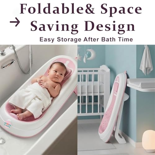 Image of MOM CARE Foldable Baby Bath Support Seat for Newborn (0-6 Months) | Anti-Slip Silicone Baby Bather | Ergonomic Infant Bath Seat for Sink, Tub & Floor | Portable Newborn Bath Support Chair | Pink