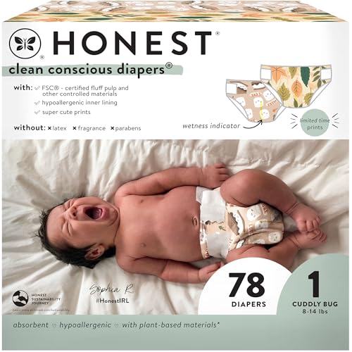 Image of The Honest Company Clean Conscious Diapers | Plant-Based, Sustainable | Fall '24 Limited Edition Prints | Club Box, Size 1 (8-14 lbs), 78 Count