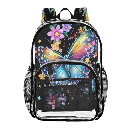 Flower Butterfly Black Clear Backpack Heavy Duty See Through Transparent PVC BookBag for Kids Boy Girl School Work