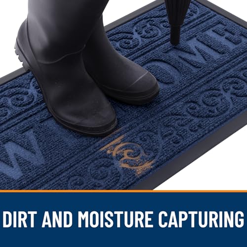 Image of OLANLY Welcome Door Mat Indoor Outdoor Entrance, Heavy Duty Sturdy Front Door Mat, Waterproof All-Weather Doormat, Stain Resistant, Low Profile, Easy Clean Patio Entryway Mat, 29.5 x 17, Navy Blue