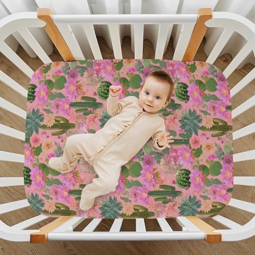Image of Crib Sheet Breathable Soft Crib Mattress Sheet for Baby Toddler Boys Girls Fitted Crib Sheet Fit Standard Crib Mattress 39 x 27 Inch Cacti Succulents and Bright Pink Flowers