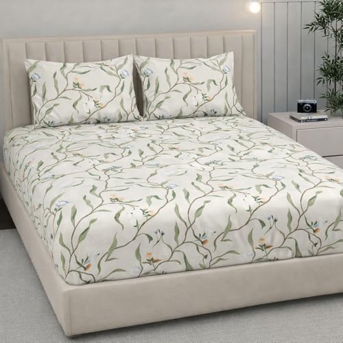 Image of 350 TC Premium Heavy Cotton Feel Elastic Fitted Bedsheet Queen Size with 2 Pillow Covers || Double Bed with All Around Elastic (White Leaf, Fitted -60x78 Queen)