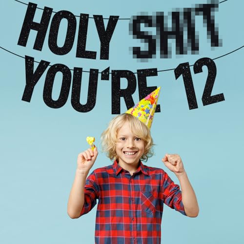 Image of Black Glitter Holy Shit You're 12 Banner, Happy 12th Birthday /Officially 12 Pre-teen /Level 12 Unlocked, 12th Birthday Party Decorations Supplies