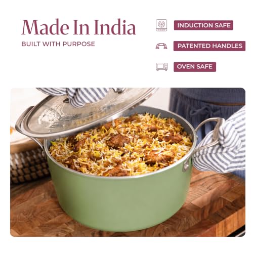 Image of Asai Ceramic Dutch Oven 24cm (4L) with Glass Lid & Silicone Spatula | Green | Procera Swiss Ceramic Non-Stick Coating | Induction, Gas & Electric Compatible | Stay-Cool Handles | Lab Tested