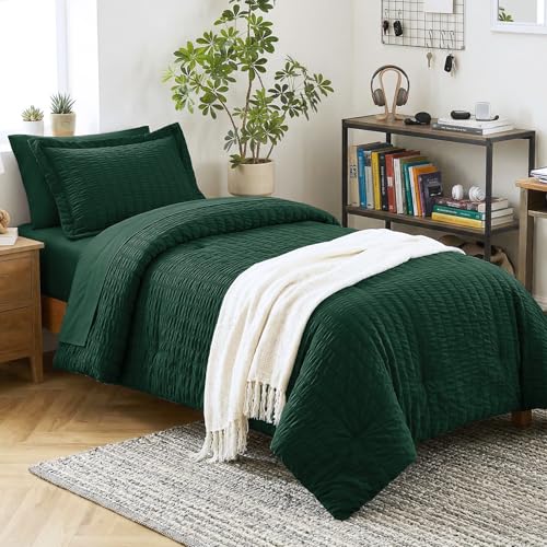 Image of CozyLux Twin Comforter Set with Sheets 5 Pieces, Emerald Green Seersucker Luxury Textured Bed in a Bag, All-Season Soft Bedding Sets with Down Alternative Comforter, Sheets, Pillowcase & Sham