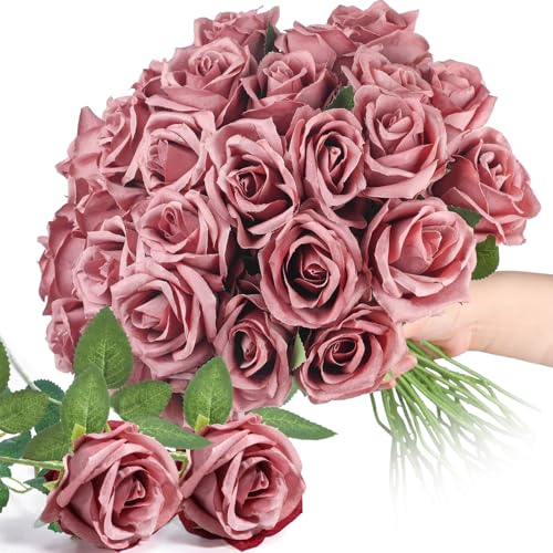 Thiccywoov 30 Pcs Rose Artificial Flowers in Bulk Lifelike Long Stem Silk Roses Bouquets Realistic Faux Flowers for Wedding Bridal Shower Home Decor Floral Arrangements Table Centerpiece(Dusty)