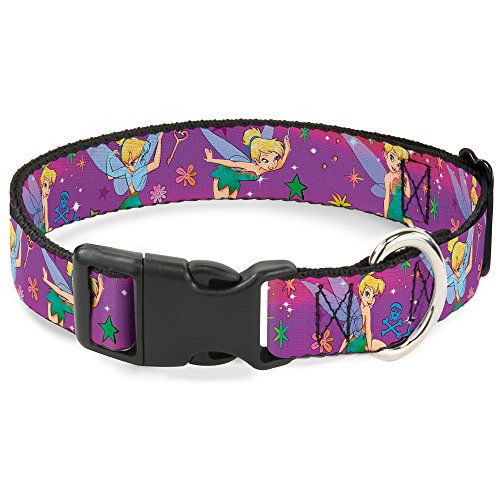 Image of Buckle-Down Breakaway Cat Collar - Tinker Bell Poses /Flowers /Stars /Skull Purple - 1 /2 inch Wide - Fits 6-9 inch Neck - Small