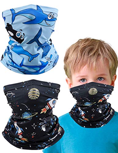2 Pcs Kids Neck Gaiter Balaclava, Summer Face Cover Bandana, Mask Toddler Half Face Protective Reusable Infinity Scarf, Gifts for Girls Boys, Baby Headwear For Fishing,Hiking Shark Spaceship