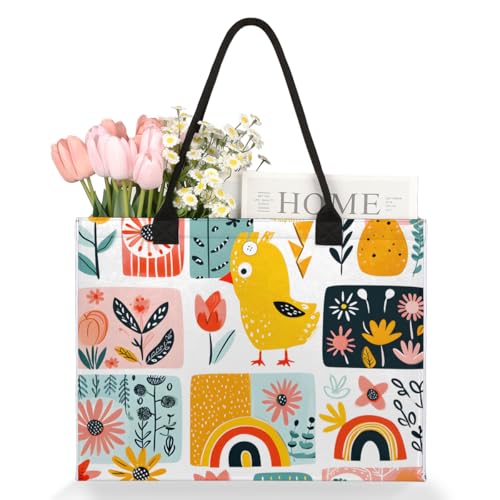 Cartoon Chicken Flowers Tote Bag for Women Large Beach Bag Reusable Tote Bags for Work Travel Beach Shopping3