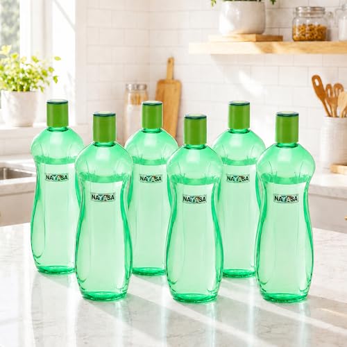 Image of Nayasa Loopy 1000 ML Pet Plastic Fridge Water Bottles Set of 6 | BPA Free | Leak Proof | Airtight Lid | Green