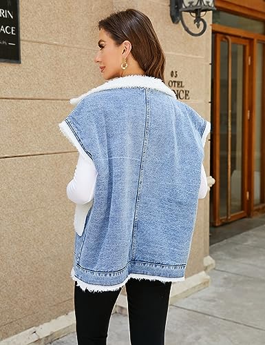 Womens Sherpa Fleece Lined Denim Vest Loose Sleeveless Wool Warm Jean Jacket Waistcoat Outwear Gilet with Pockets4
