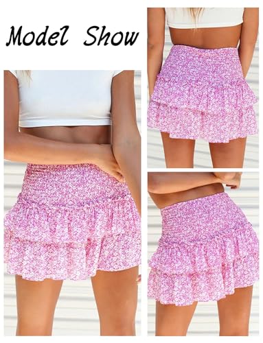 Women's Summer Layered Mini Skirt High Waist Ruffle Floral Print Skirt Flared Boho A Line Skater Skirt Pleated Beach Short Skirt Pink S - Image 2