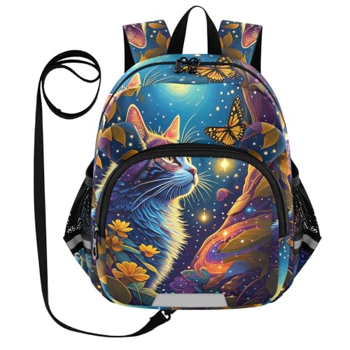 Cat Butterfly Flowers Blue Toddler Harness Backpack for Boys Girls 3-6 Years Kids Backpack with Anti Lost Safety Leash Baby Harness Bookbag for Preschool Travel Walking