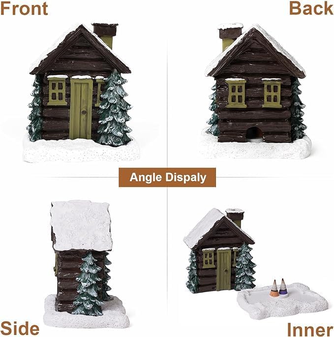 Miniatura 2 de Quemador de incienso de cabaña de troncos, quemador de incienso de invierno nevado de Navidad, quemador de cono de incienso para el hogar con 60
