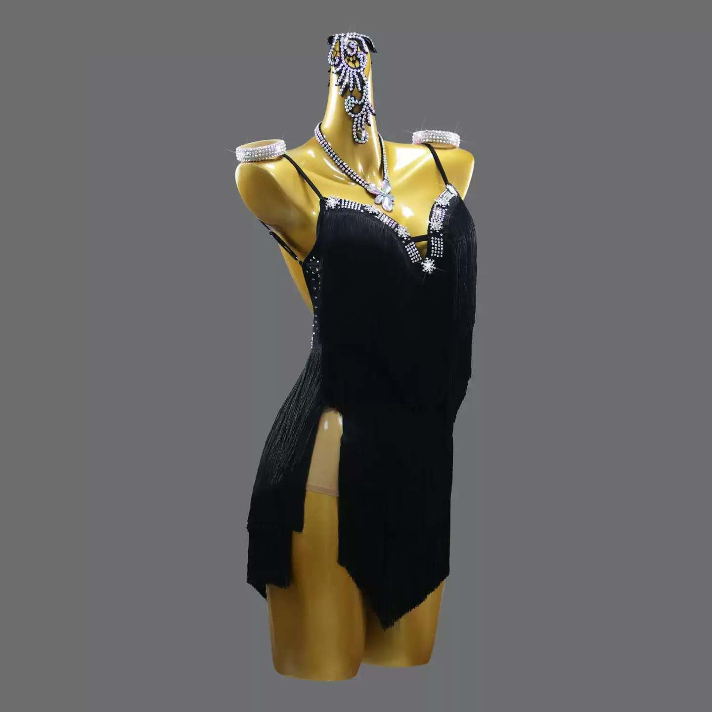 Damen Fransen Latein-Tanzkleid Glitzernde Strasssteine Spaghettiträger Salsa Tango Cha-Cha Tanzkostüm Set