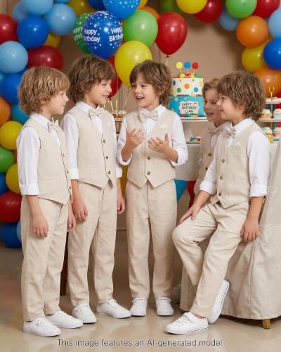 Image of SANGTREE Boys Suit Cotton Linen Formal Set Baby Boy Dress Clothes Gentleman Wedding Ring Bearer Outfits, 3 Months - 9 Years