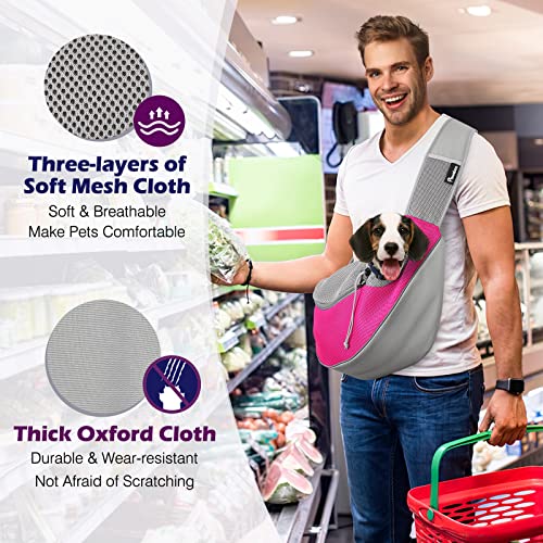 Pawaboo Pet Dog Sling Carrier, Hand Free Drawstring Dog Papoose With Adjustable Strap, Breathable Mesh Bag For Puppy Cat, Crossbody Satchel Dog Purse With Pocket For Outdoor Travel, Rose Red, Small #TOP3