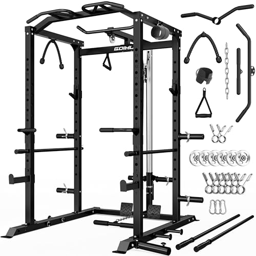 Image of C1-V4 Power Cage, 2000LBS Squat Rack with LAT Pulldown, Multi-Function Weight Cage Strength Training Machine, Workout Cage with More Attachments for Home Gym Garage