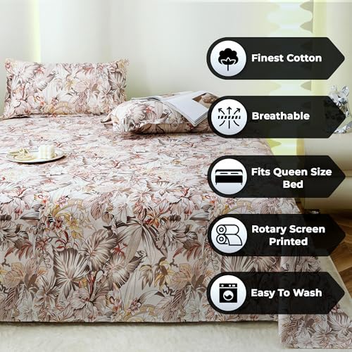 Image of Story@Home Bedsheet for Double Bed Cotton 190 TC with 2 Pillow Covers, Beige & Light Brown, Floral, Double Size Bedsheet for Double Bed | (225 Cm X 250 Cm) | Perfect for Home Decor