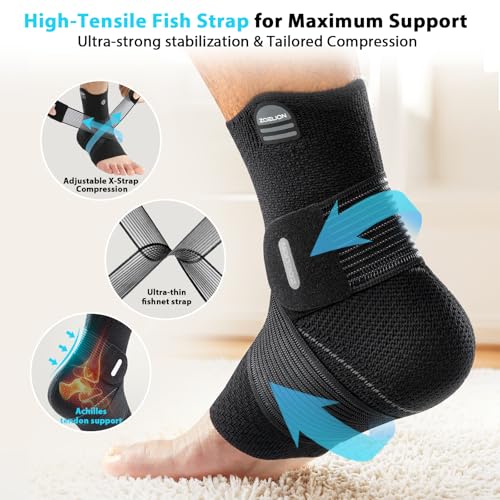 Image of ZOELION Ankle Brace Compression Support with Removable Fishnet Strap, 3D Knit Plantar Fasciitis Relief Achilles Tendonitis Brace, Ankle Compression Sleeve for Pain Relief & Injury Healing, Black /XL