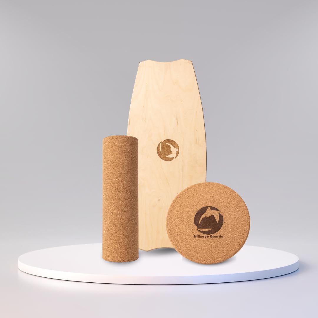 Balance Board aus Holz | Handgefertigt | Freestyle & Fitness Board mit Kork-Rolle & Kork-Halbkugel | Surfen & Gleichgewichtstraining für Indoor & Outdoor