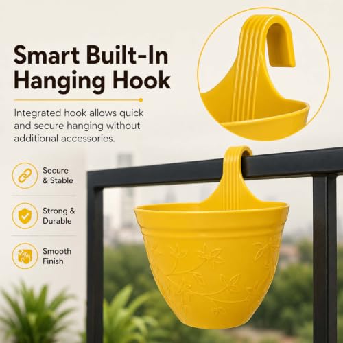 Image of Go Hooked Hanging Planter Pots for Balcony Railing Pack of 2 | Small Plastic Victor Hook Flower Pots for Fence, Grill & Balcony (Multicolor, 16.5x9x19 cm) | Decorative Planters for Home Garden Decor