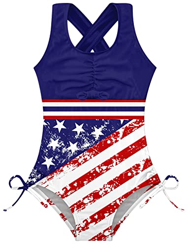 Image of BFUSTYLE Girls One Piece Swimsuit Cute Striped Bathing Suit Hawaii Swimwear July 4th 4-13 Years
