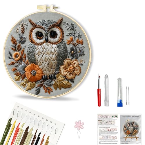 Image of Huacan Embroidery Kit for Beginners Adults Includes Stamped Owl Pattern, Hoop, Color Threads,Tools,Easy to Follow Instruction
