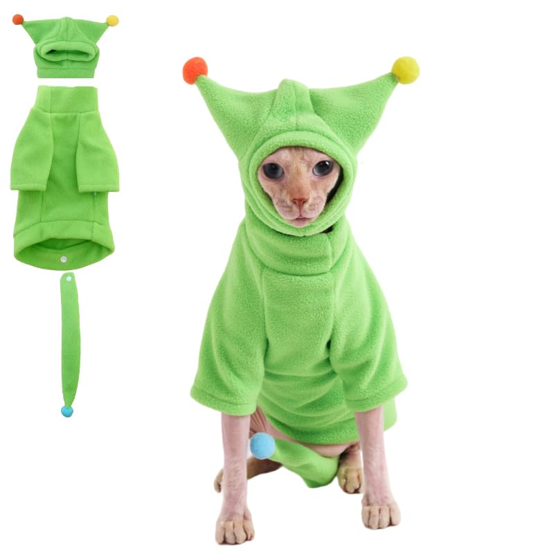 GigglyHouse Sphynx Cat Clothes, Warm Cat Jumpsuit with Hat and Tail Cover, Full Set for Hairless Cats, Cornish Rex and Devon Rex (Green, M(4.5-5.5lbs))