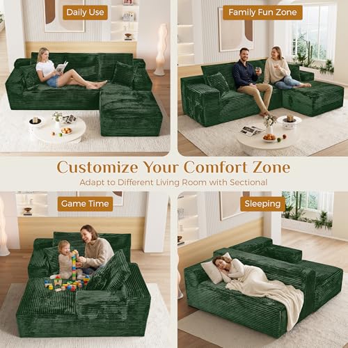 Image of 108 inch Boneless Cloud Sectional Couches for Living Room, Fluffy Comfy Soft L Shaped Memory Deep Seat Foam Boneless Couch, Modular Sectional Sofas with Right Facing Chaise, Green