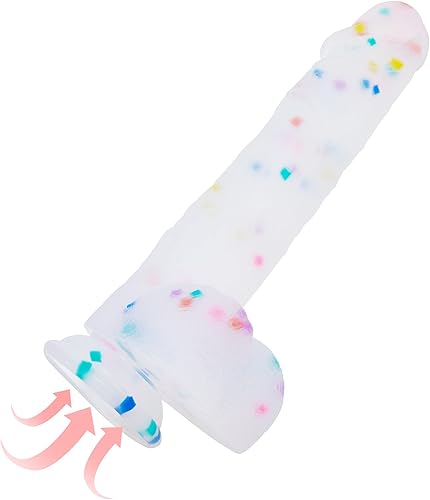 Miniatura 10 de Consolador de silicona transparente de confeti de 8.2 pulgadas con base de ventosa acampanada para jugar con manos libres, consolador flexible con